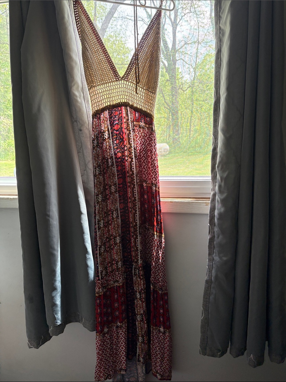 Forever 21 Cream Crochet Top Red Patterned Boho Maxi Dress